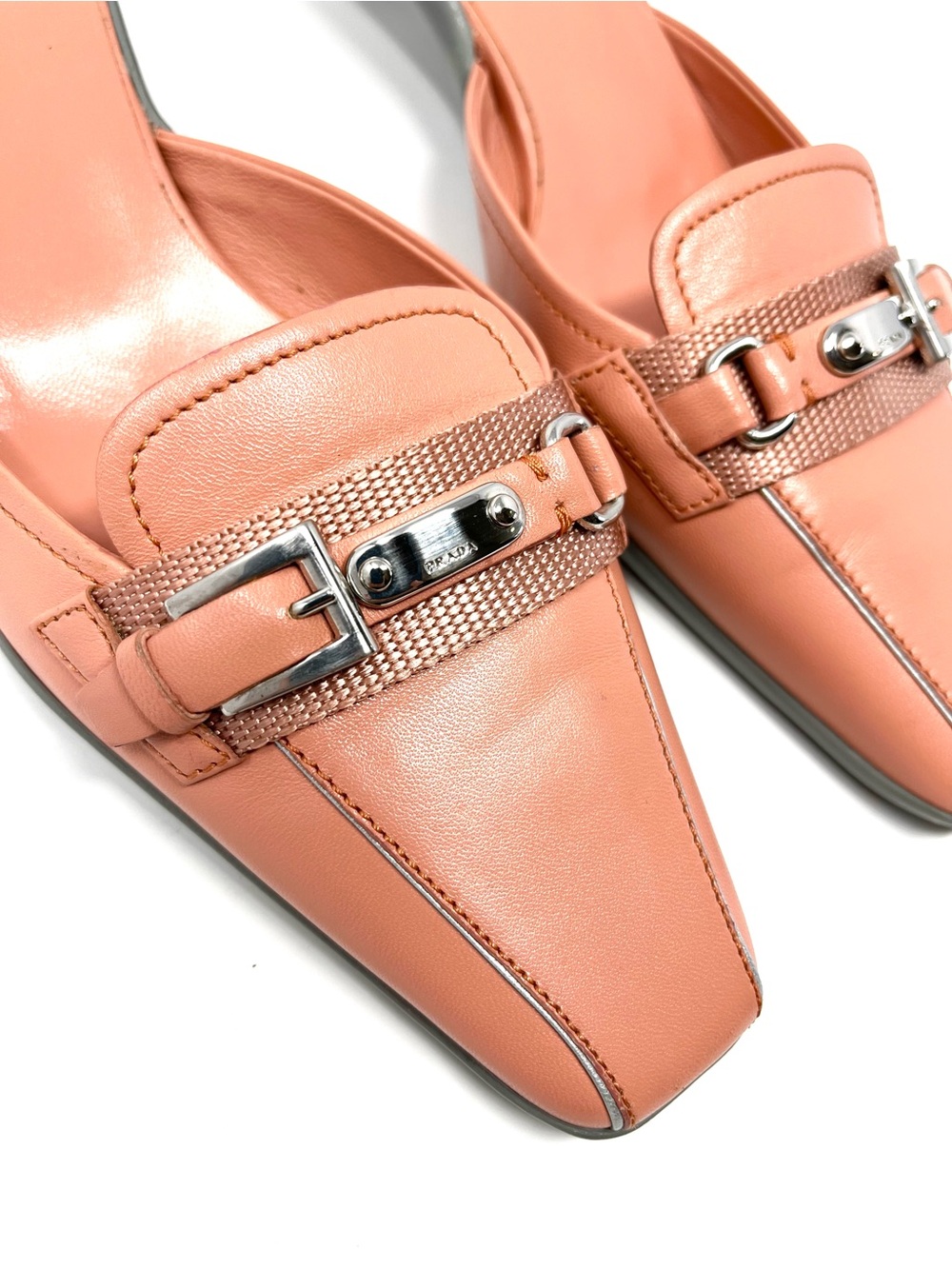Vintage Prada Y2K Pink Coral Peach Leather Logo Buckle Mules Kitten Heels 37 7 - Picture 4 of 12